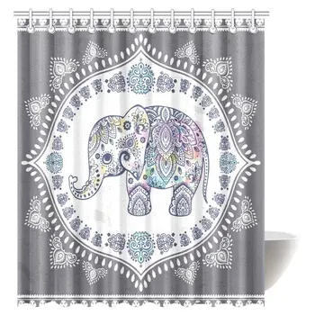 

Bohemian Elephant Shower Curtain, Indian Lotus Cute Ethnic Elephant Polyester Fabric Bathroom Set with Hooks, Extra Long
