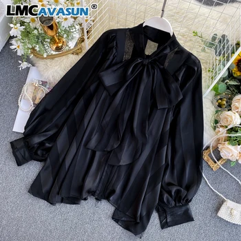 

LMCAVASUN Bow Tie O-neck Blouse Women Lantern Long Sleeve Shirts Korean Elegant Work Shirt Casual Tops Autumn Chiffon Blusas