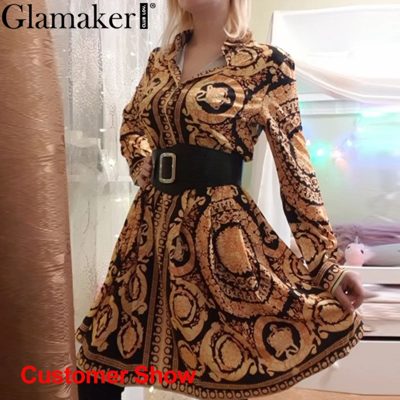 Женское Короткое платье рубашка Glamaker золотистое винтажное с принтом пейсли v