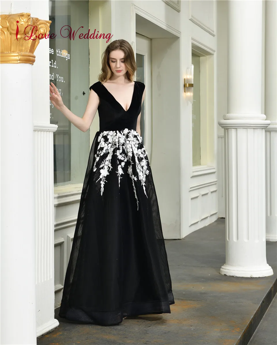 Robe de soiree сексуальное черное вечернее платье с v-образным вырезом и кружевной аппликацией без рукавов ТРАПЕЦИЕВИДНОЕ длинное вечернее платье