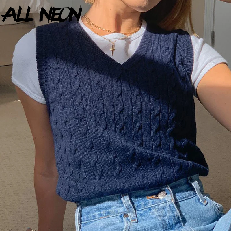 

ALLNeon E-girl 90s Vintage Twist Solid V-neck Knitted Vest Y2K Fashion Sleeveless Tanks Tops Autumn Basic Cropped Pullovers Cute