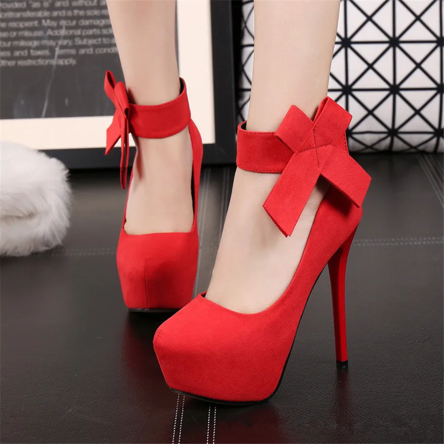 

Fashion Platform Stiletto Women Shoes New Korean Ankle Bowknot Shallow Red Black Flock Wedding Pumps Woman High Heels Sexy Party