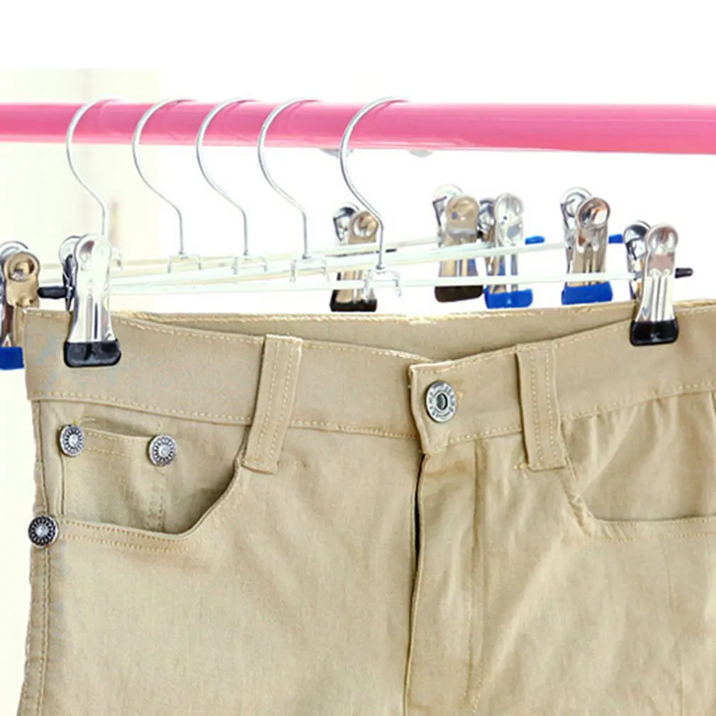 Trouser Pants Skirt Hangers High Quality Stainless Steel Stand Holder With 2 Clips Home Storage Clothes Hangers