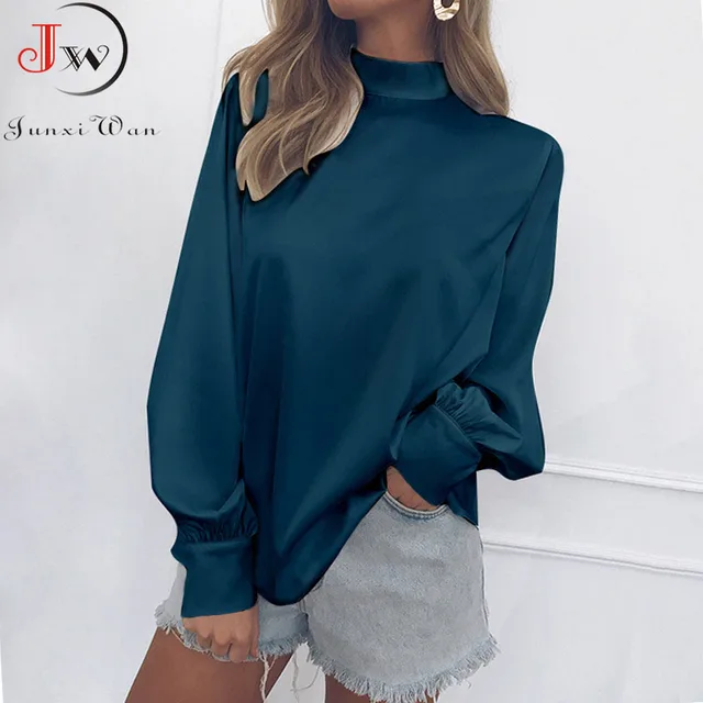 US $6.74 Women Blouse 2019 Autumn Solid Color Turtleneck Tops Blouses Casual Lantern Long Sleeve Fashion Off