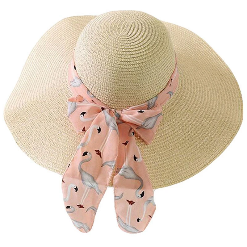 Beige Pink Летняя женская шляпа от солнца, бант-бабочка, Панама, Пляжная женская шляпа, шляпа с широкими полями, соломенная шляпа - Color: Beige Pink