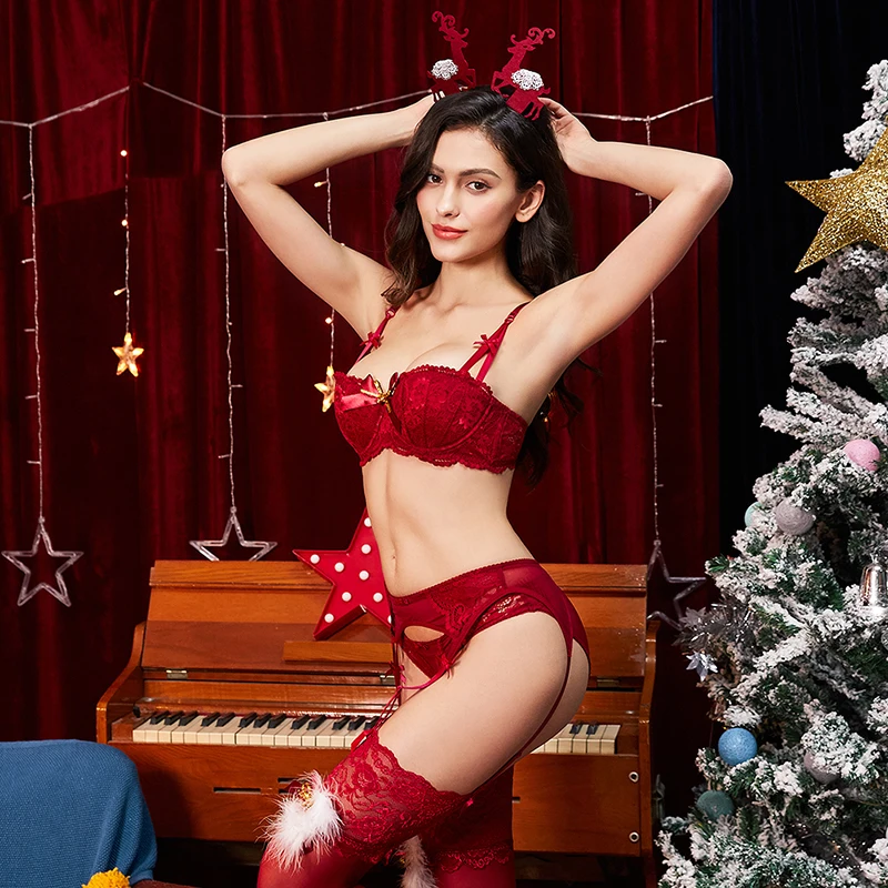 Varsbaby/Новое поступление, сексуальный Рождественский комплект из 5 предметов: бюстгальтеры+ трусики+ подвязки+ чулки+ повязка на голову с рогами