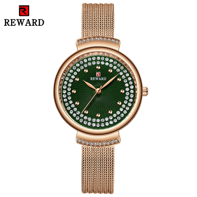 Rose-Green Награда люксовый бренд часы с ремешком-сеткой женские модные для женщин нарядные кварцевые часы Кристалл алмаз водонепроницаемые повседневные наручные часы - Цвет: Rose-Green