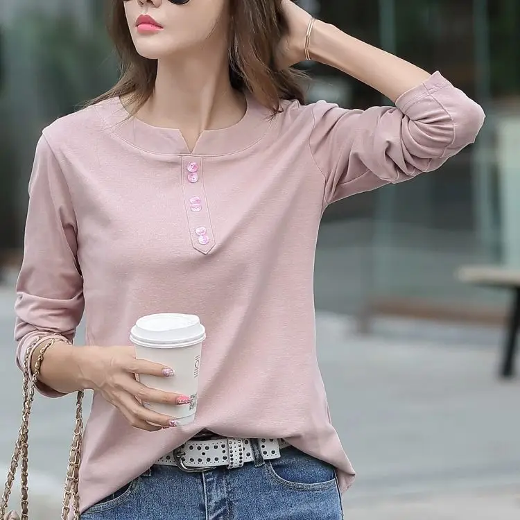 2021 100% Cotton T Shirt Woman Spring Fashion Long Sleeve Shirt V Neck Woman T-shirt Loose Korean Style Plus Size Women Shirts t shirt oversize