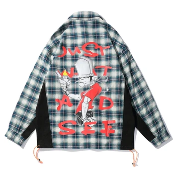 

Shirts Men Patchwork Plaid Shirts Full Sleeve College Style Cool Hip Hop Print Drawstring Casual Streetwear Autumn