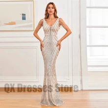 Exquisitos Vestidos de Noche de sirena con cuentas, elegante cuello en V, Espalda descubierta, hasta el suelo, sin mangas, con lentejuelas, vestido de fiesta Formal