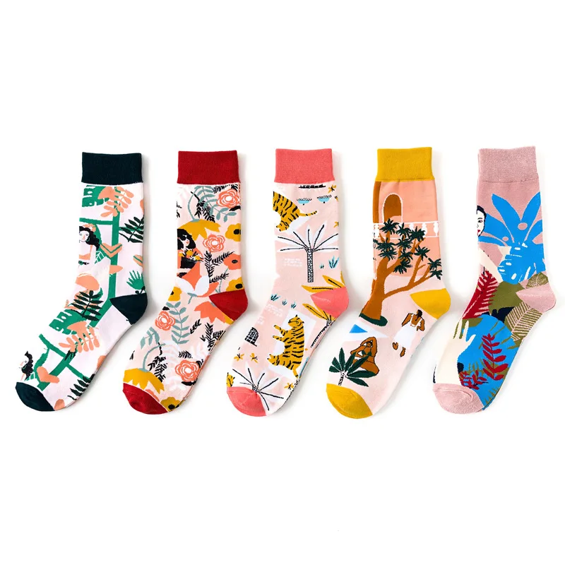Художественные носки в стиле ретро для мужчин и женщин; креативные Носки с рисунком; носки с принтом; забавные гольфы для девочек; комплект из 5 пар/лот
