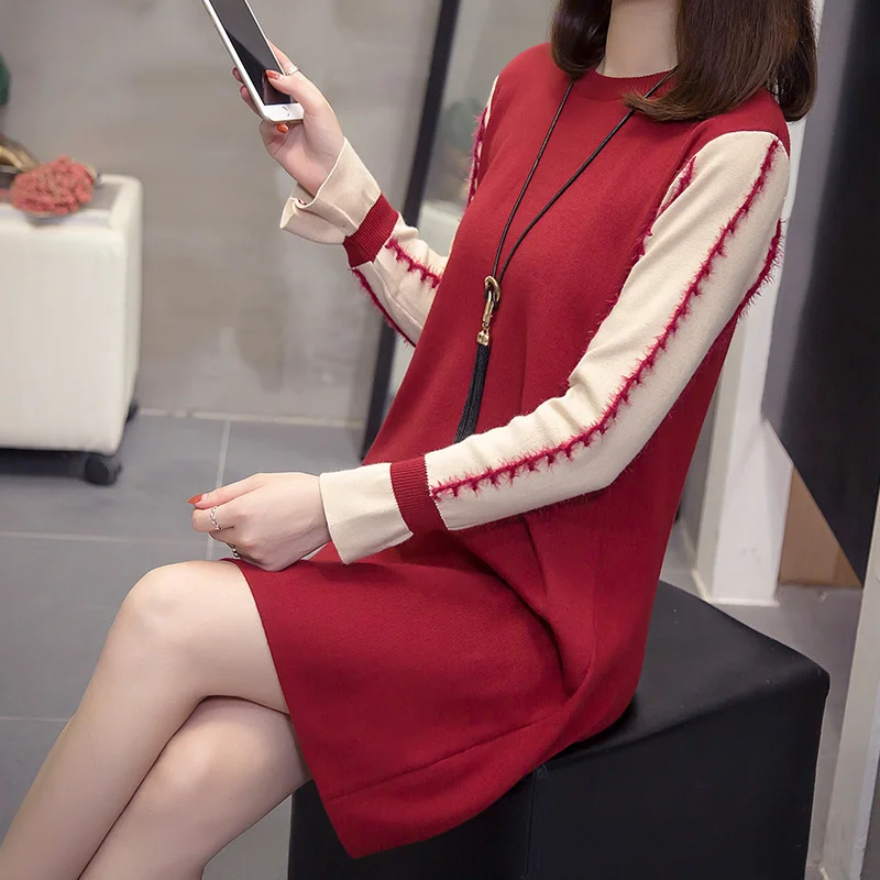 XL-4XL Plus Size Women Knitted Dress Autumn Winter 2020 Fashion Flare Long Sleeve Patchwork Ladies Elegant Sweater Dresses | Женская