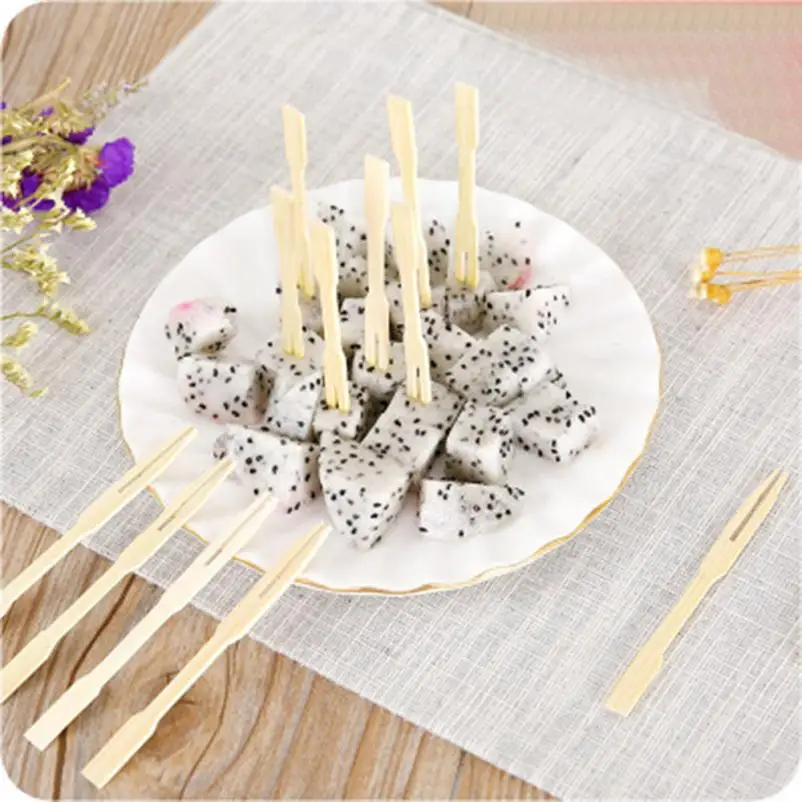100 Disposable Bamboo Fork Sticks Fruit Desserts Food Pick Forks Tableware Party