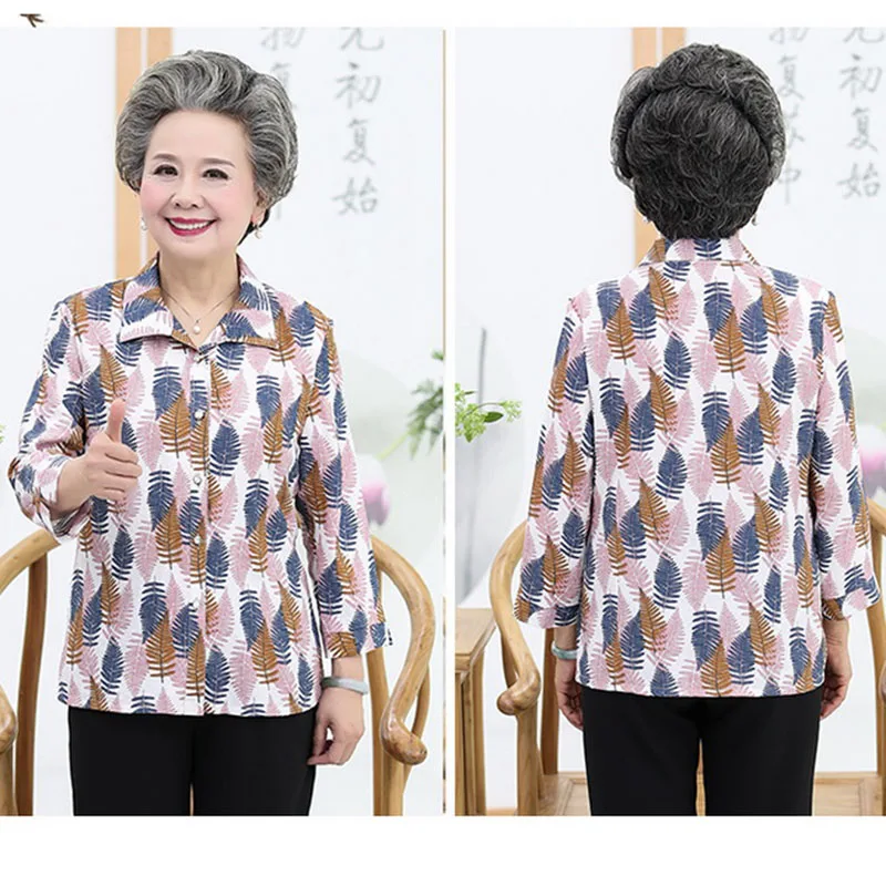 Middle-aged Old Mother's Print Shirt Summer Three Quarter Sleeve Thin Blouse And Tops Elegant Grandma Shirts Feminina Top W1959