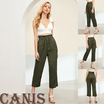 

Summer Women Army Green Long Pants Plain High Waist Button Casual Trouser Pleated Beach Lady Trousers