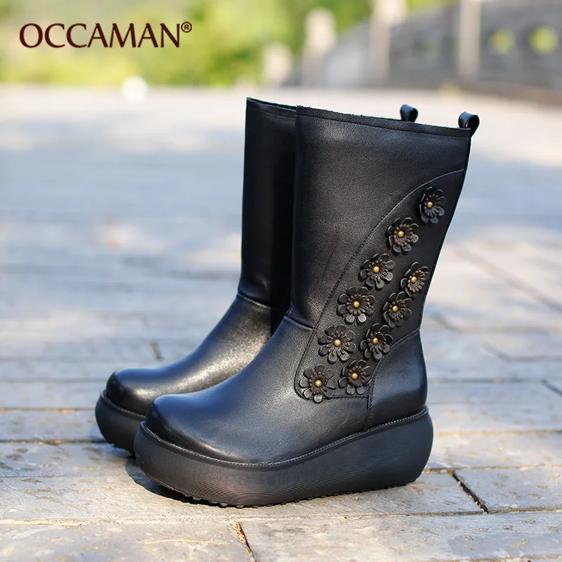 

OCCAMAN Mid-Calf Boots Women Fashion Platform Boots Slip On Zipper Solid Flat Heels Ladies Casual Warm Shoes For Winter 13242