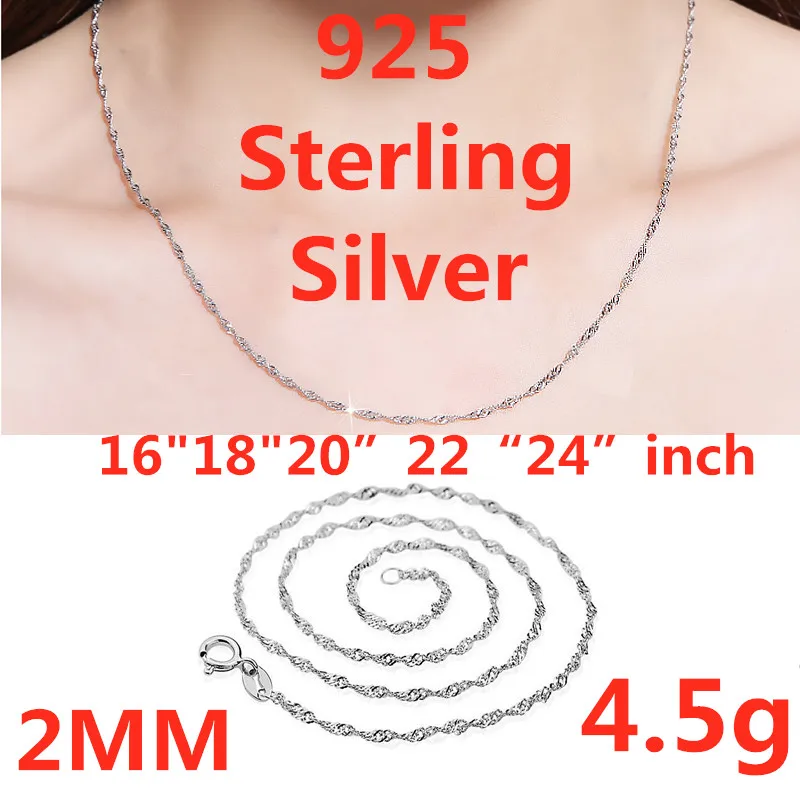 Luxury Jewelry Solid Silver Water wave Necklace Chain For Women 16&quot 18&quot 20&quot 22&quot 24&quot (40cm-60cm) Width 2mm | Украшения и
