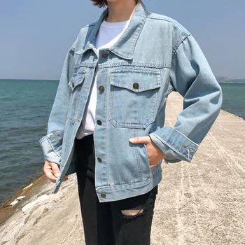 

Women Jean Coat Cowboy Denim Jackets Casual Fashion Women Loose Long Sleeve Loose Bomber Jacket Pocket Jackets Spring Autumn