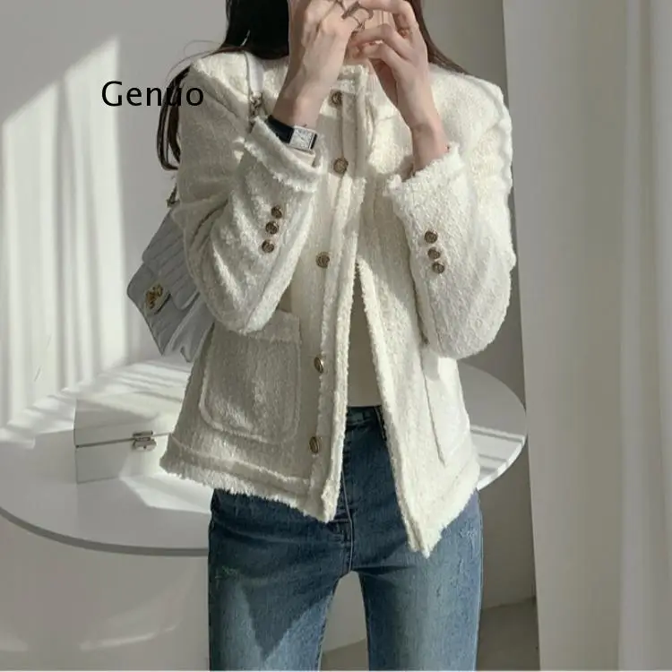 

Autumn Winter Stylish Chic O-Neck Pockets Full Sleeve Female Jacket Elegant Single-Breasted Slim Women Blazer
