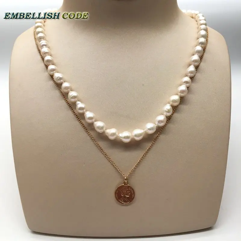 

NEW charming choker twist Two layer necklace small baroque pearl freshwater pearls copper chain with Queen pendant Adjustable