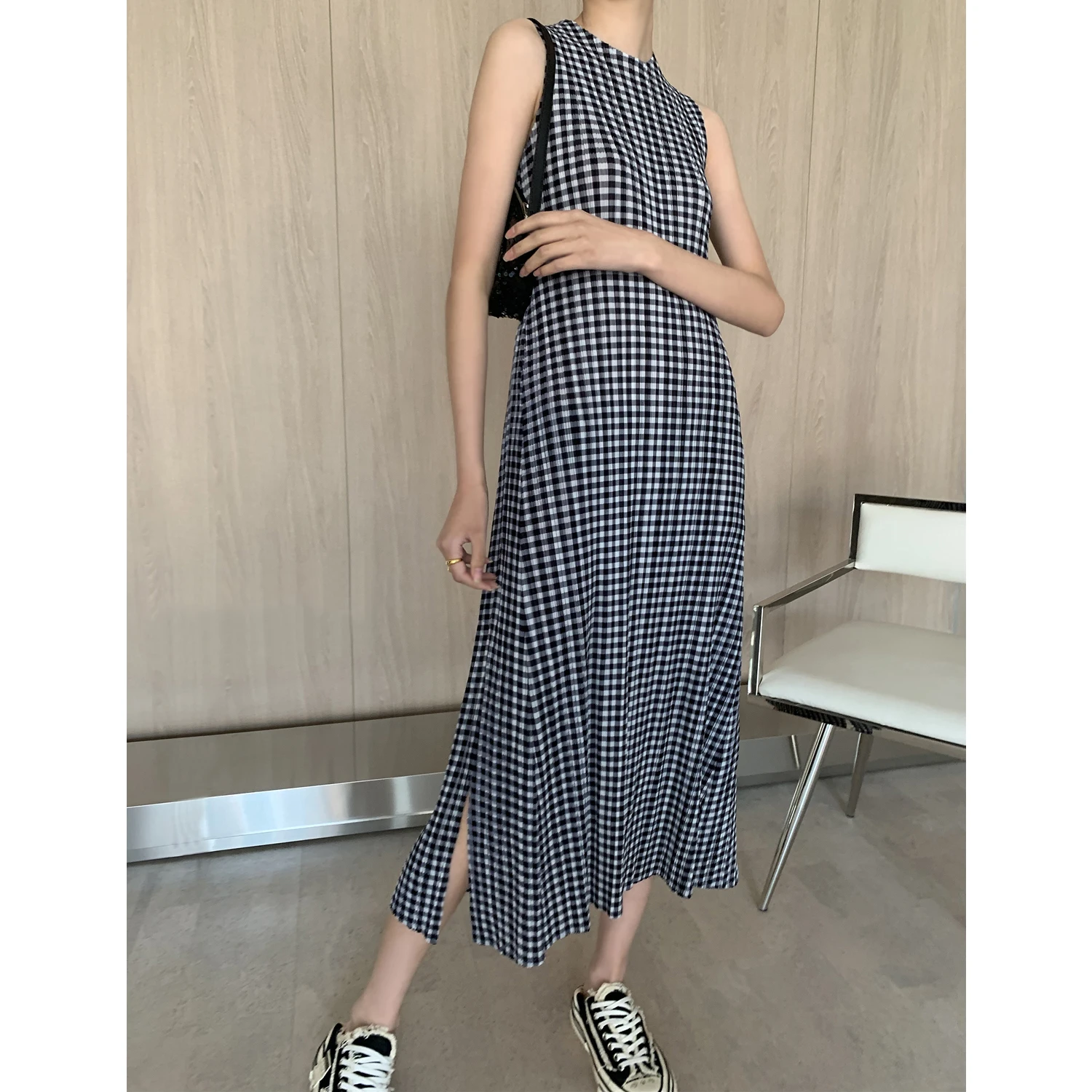 

Changpleat Summer New Miyak Pleated dresses for women Fashion Plaid sleeveless Slim High stretch female A-line DressTide