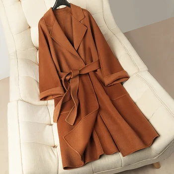

Korean Style All Match Long Wool Coat With Belt Autumn Winter Warm Loose Women Coats Plus Size Elegant Solid Color Cardigans