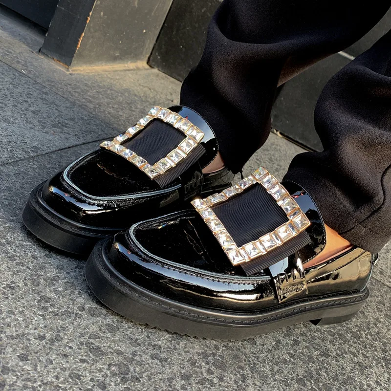 Black Crystal Buckle Женская обувь для отдыха со стразами; Цвет Черный; повседневная обувь на плоской подошве с квадратной металлической пряжкой; женские слипоны; лоферы на плоской подошве; zapatos mujer; брендовая Дизайнерская обувь - Цвет: Black Crystal Buckle