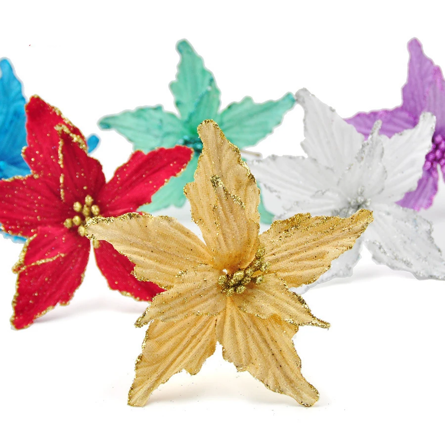 5 шт., искусственные блестки, цветы, блестки, Poinsettia, украшение для фестиваля, рождественской елки, свадебного декора, вечерние принадлежности