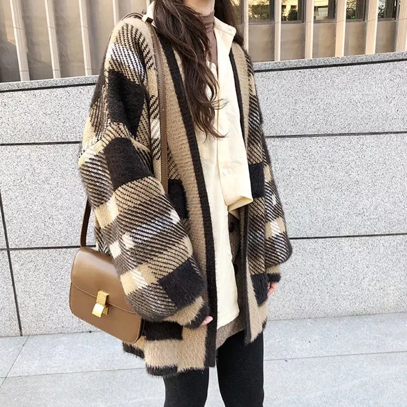 Harajuku, Ретро стиль, свитер, пальто, для женщин, осень, норка, плед, вязаный кардиган, корейский, свободный, мохер, кардиган, куртка, для женщин, негабаритный, топы f1648