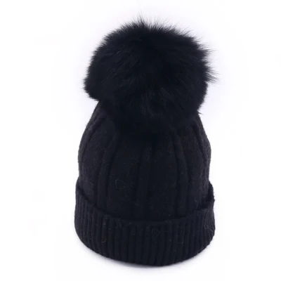 Black Зимняя женская вязаная шапка Skullies, Женская бини, шапка с настоящим помпон из лисьего меха, Роскошные плотные теплые уличные Лыжные шапки Gorro для девочек - Цвет: Black