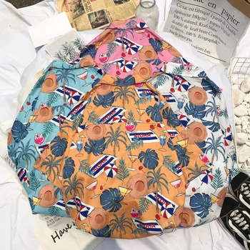 

Summer Korea Short Sleeve Retro Chic Loose Hawaiian Printing Shirt Casual Beach Blouse Tops For Couple