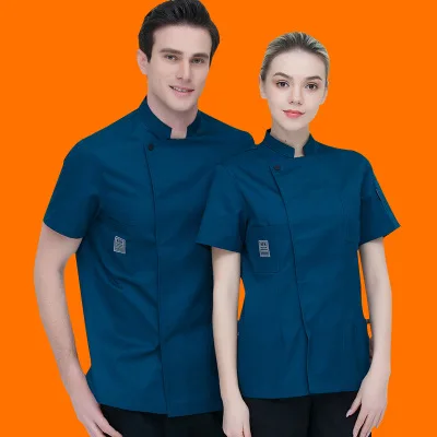 Blue top Шеф-повар Для мужчин и Для женщин со стоячим воротником Однобортный летние дышащие короткий рукав Повседневное повар ресторана одежда Униформа для работников общественного питания - Цвет: Blue top