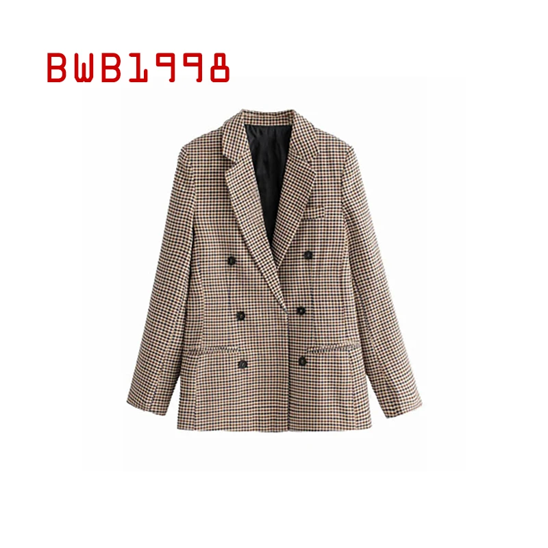 

BWB1998 Autumn Blazer Women Clothing European and American Women's Suit Jacket New Plaid Double-breasted Plaid Jacket Blazer
