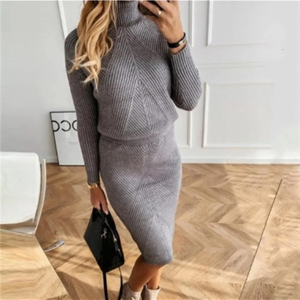 lawn suits TYHUR Autumn Women's Knitting Costume Turtleneck Solid Color Pullover Sweater + Slim Skirt Two-Piece Set track suit set