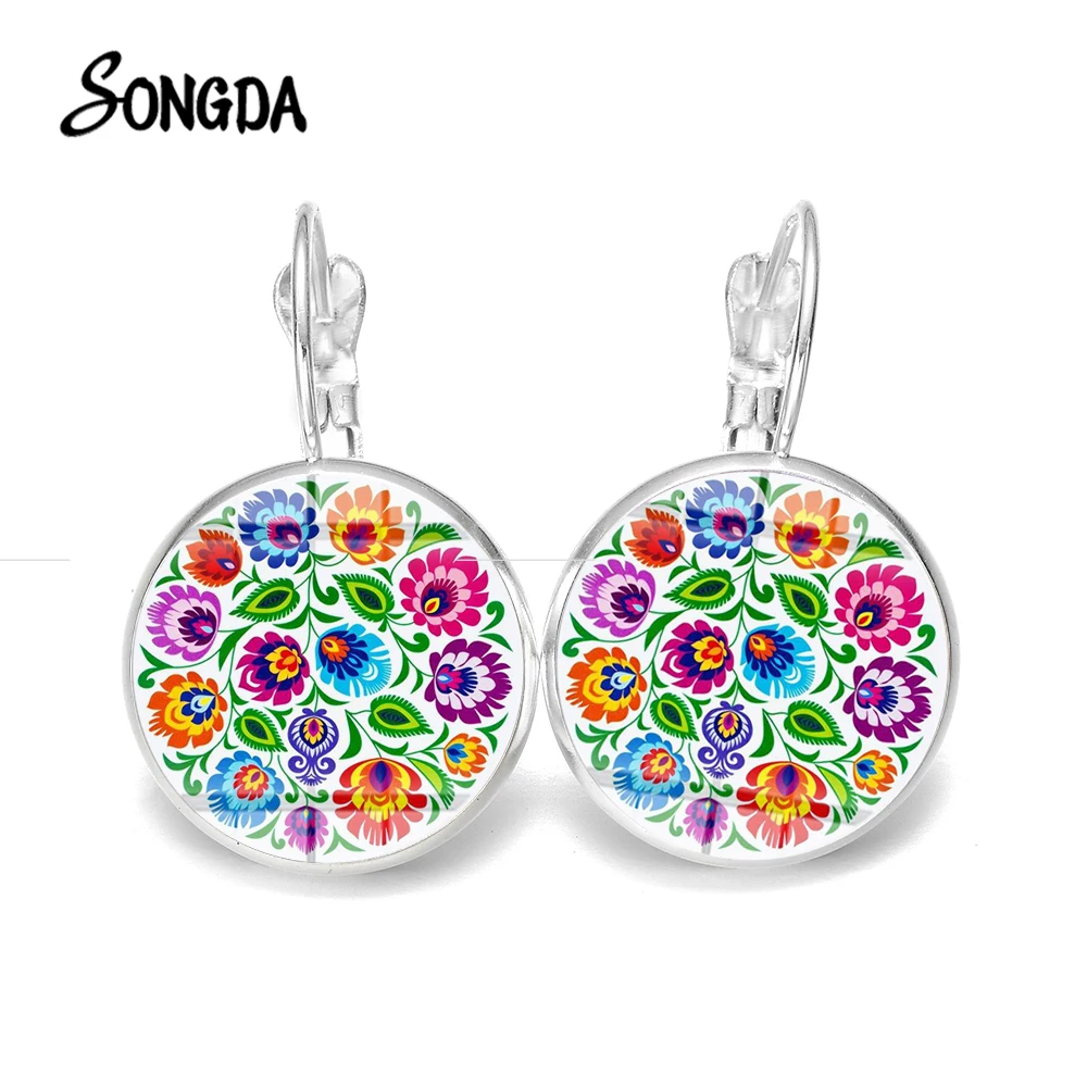

SONGDA Boho Polish Folk Pattern Dangle Earrings Geometric Heart Flower Art Glass Round Dangle Earrings Exquisite Birthday Gifts