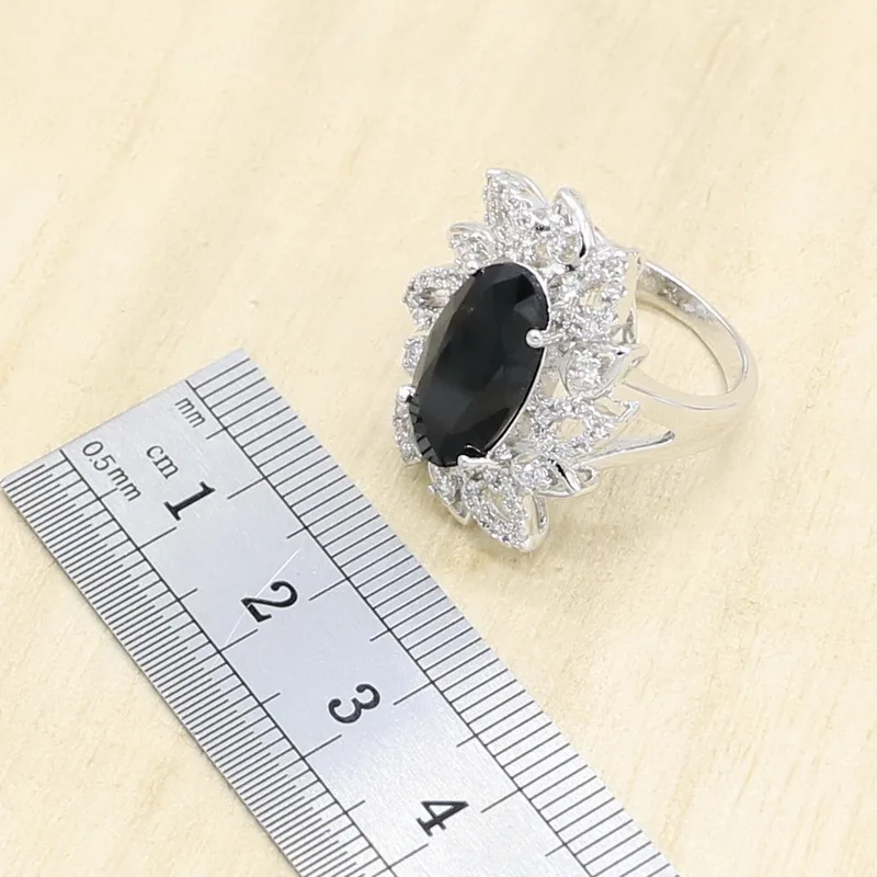 Женские серебряные Ювелирные наборы 925, ожерелье с подвеской из черного циркония, серьги, кольца, браслеты, подарочная коробка
