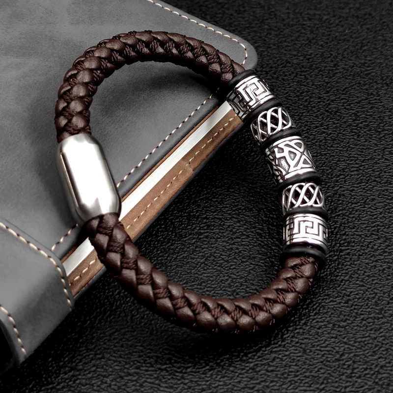 Punk Style Coffee Leather Bracelet 316L Stainless Steel 5 Viking Bead Bracelet Powerful Magnet Clasp 4 Color Friend Gifts