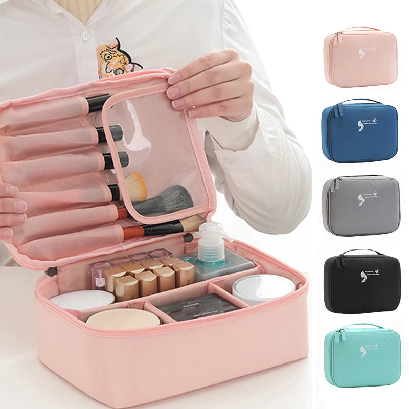 

Portable Cosmetic Bag Travel Toiletries Square Woven Fabric Washing Organizer Pouch