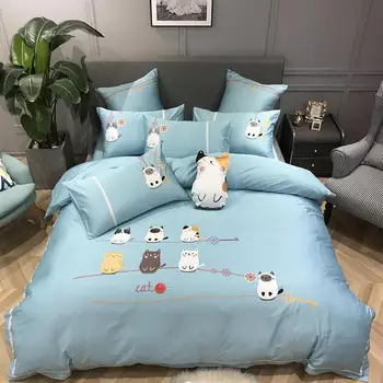 

Queen King size Cotton Bedding Set Blue Cute Cats Cartoon Bed set Duvet cover Fitted Bed sheet parrure de lit juego de cama