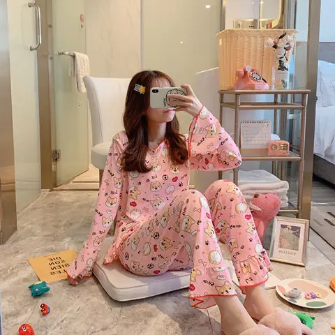 Pajamas suit Осенне-зимний пижамный комплект для женщин, полосатый хлопковый Длинный топ, длинные штаны, комплект из 2 предметов, пижамный комплект для женщин, милая одежда для сна, пижама для девочек - Color: Pajamas suit