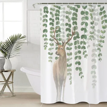 

Waterproof Shower Curtain Animal Elk Watercolor Leaves Bathroom Shower Curtains Christmas Shower Curtain &12 Hook