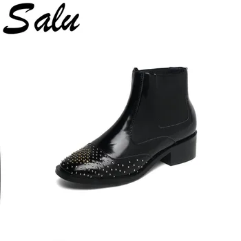 

Salu Winter Quality Genuine Leather Women Ankle Boots Round Toe square Heels Zipper Short Boots Party Basic Shoes Woman