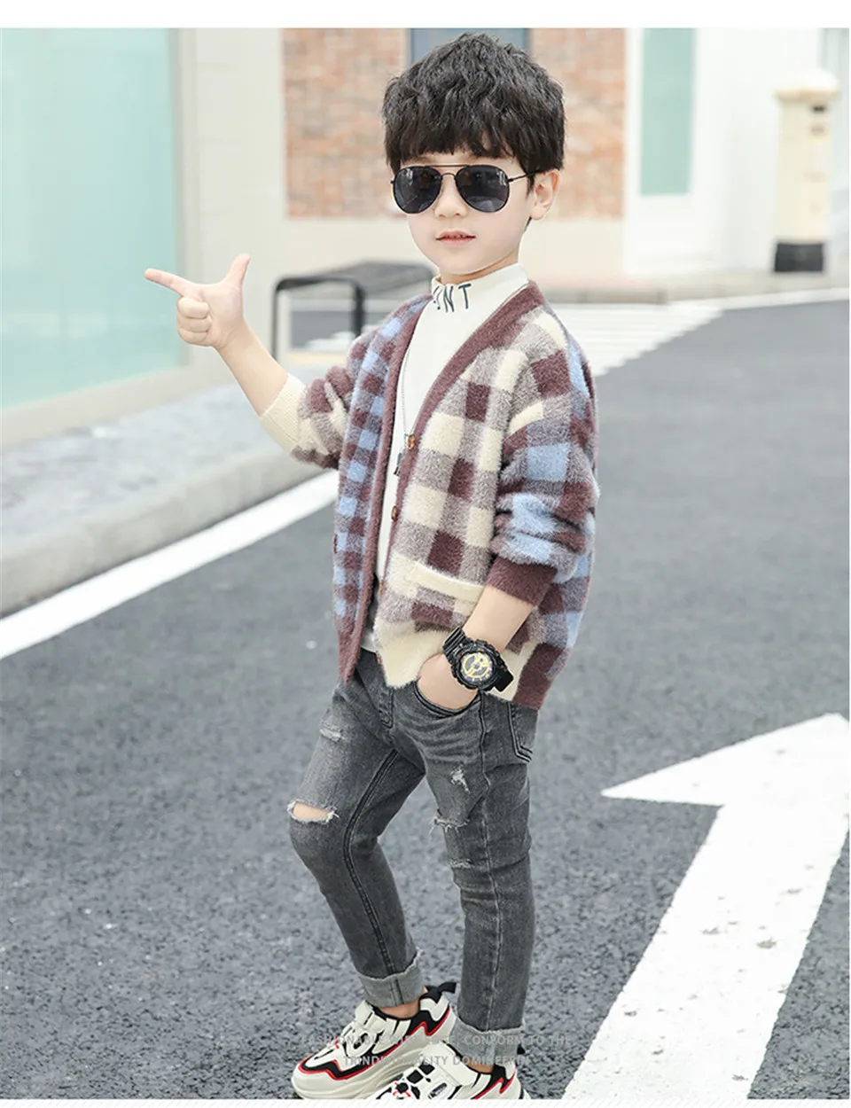 Свитер для маленьких мальчиков осенний кардиган, теплые Повседневные свитера Топы с треугольным вырезом и длинными рукавами, детская одежда г. Новинка, вязанный маленький хлопок