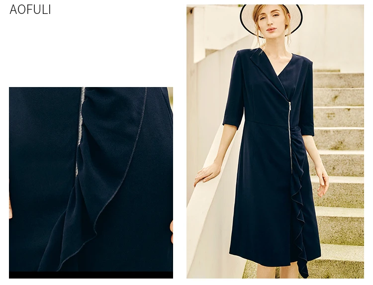 AOFULI L/XL/2XL на молнии гофрированное женское платье асимметричного кроя осень v-образный вырез с коротким рукавом офисное женское темно-синее платье A4063