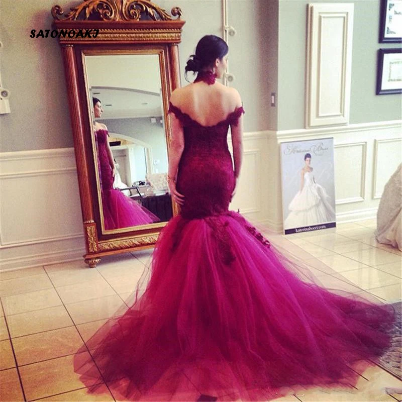SATONOAKI 2019 Vestidos De Festa Русалочка кружевное арабское выпускное платье с открытыми плечами с открытой спиной с аппликацией со шлейфом вечерние