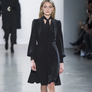 

Solid Color Bow Collar Long-Sleeved Lantern Sleeves Temperament Slim All-Match Mini Dress Spring-Summer 2020 New High-Quality