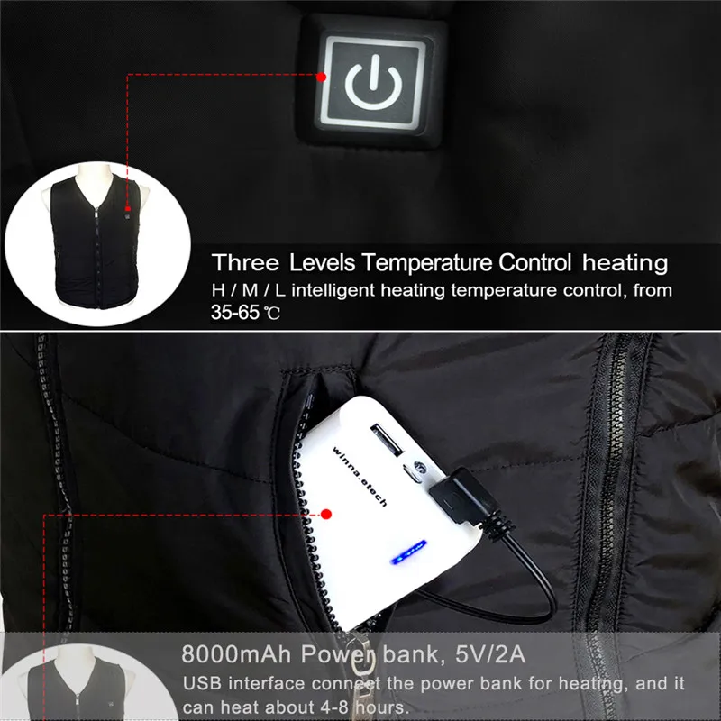 Черные жилеты с подогревом с power Bank хлопковые утолщенные жилеты с электрическим подогревом спортивные Термостатические жилеты можно стирать