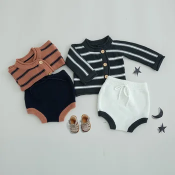 

2Pieces /Set Cotton Knit Suit Stripes Sweater Jacket Shorts Spring Boys Girls Sets Clothes 0-2Year Baby Boys Girls Outfits