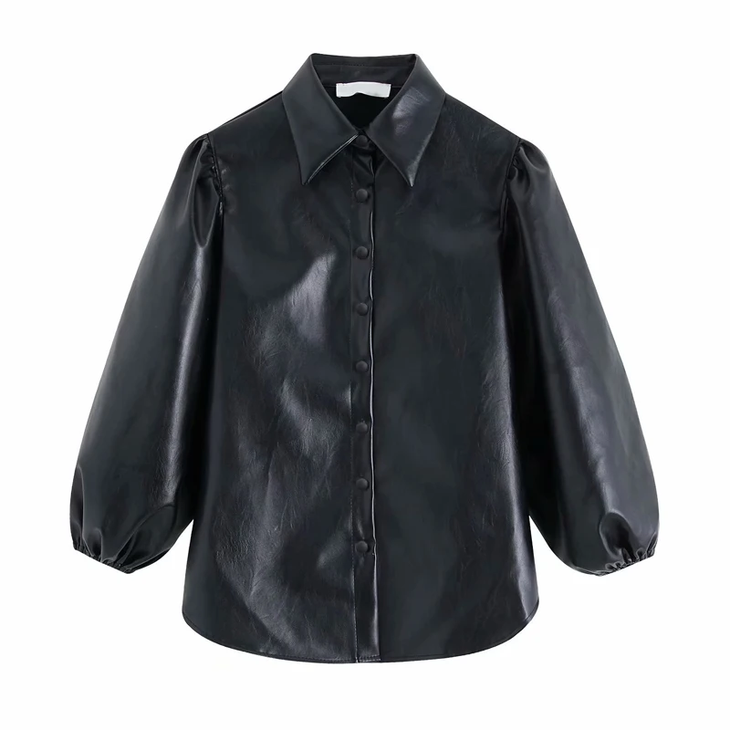 Autumn New Puff sleeve Short Blouse Women Fashion Button Solid Faux Leather Shirts Ladies Casual Black Tops Female Blusas