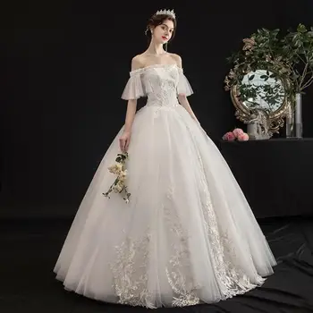 

Simple Boat Neck Flare Sleeve Lace Wedding Dress For Women Plus Size Lace Up Slim Bridal Gown Vestidos De Novia 2020 New